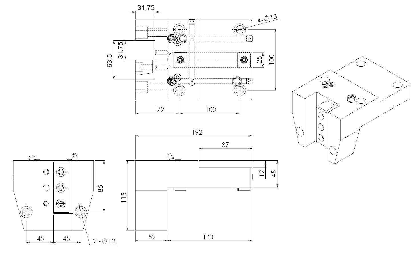 BMT85 OD 1-1/4" inch TURNING HOLDER, HEIGHT 75mm LONG 192mm, reference code: BMT85-8311B